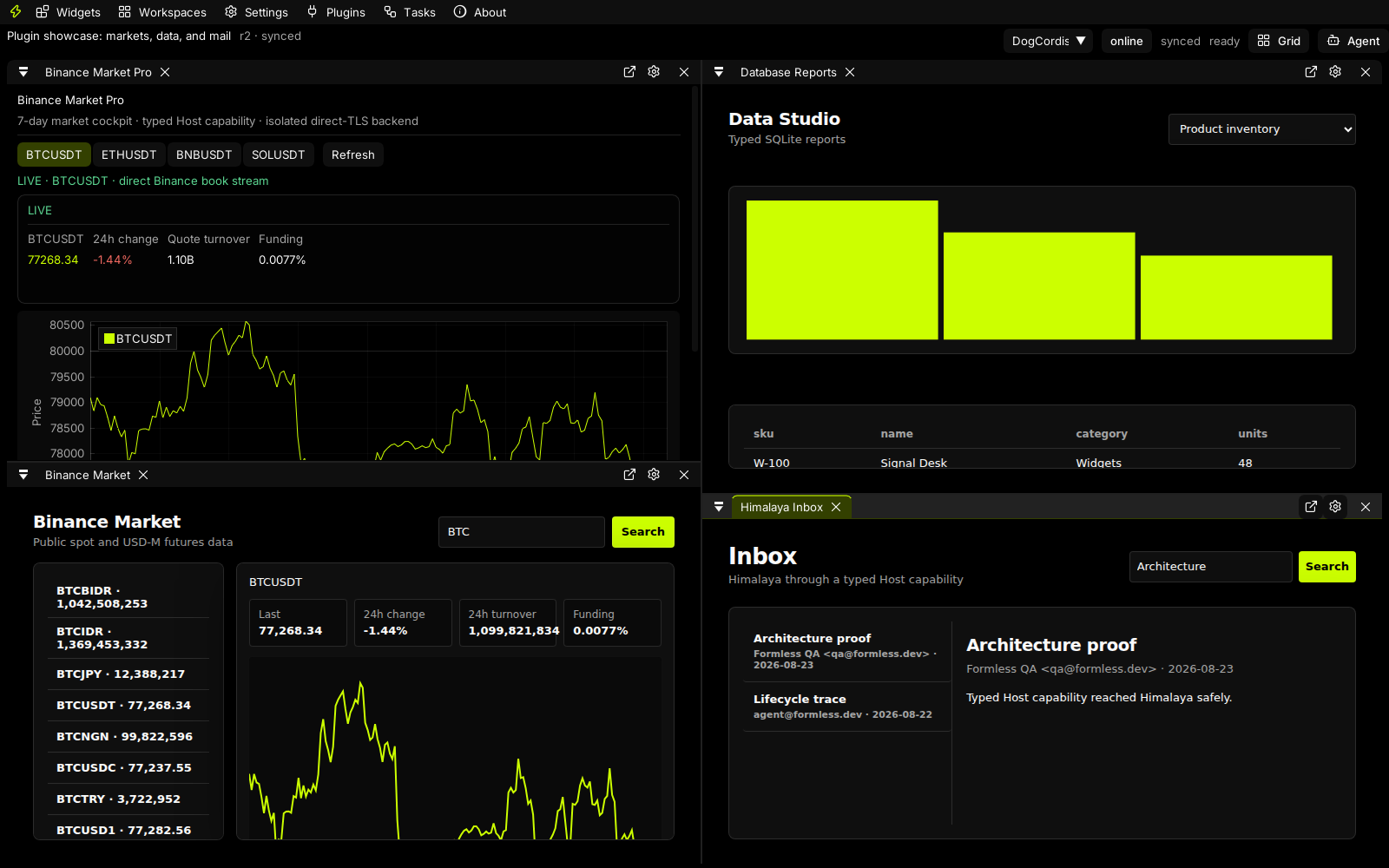 Formless Click Default-theme multi-panel workspace