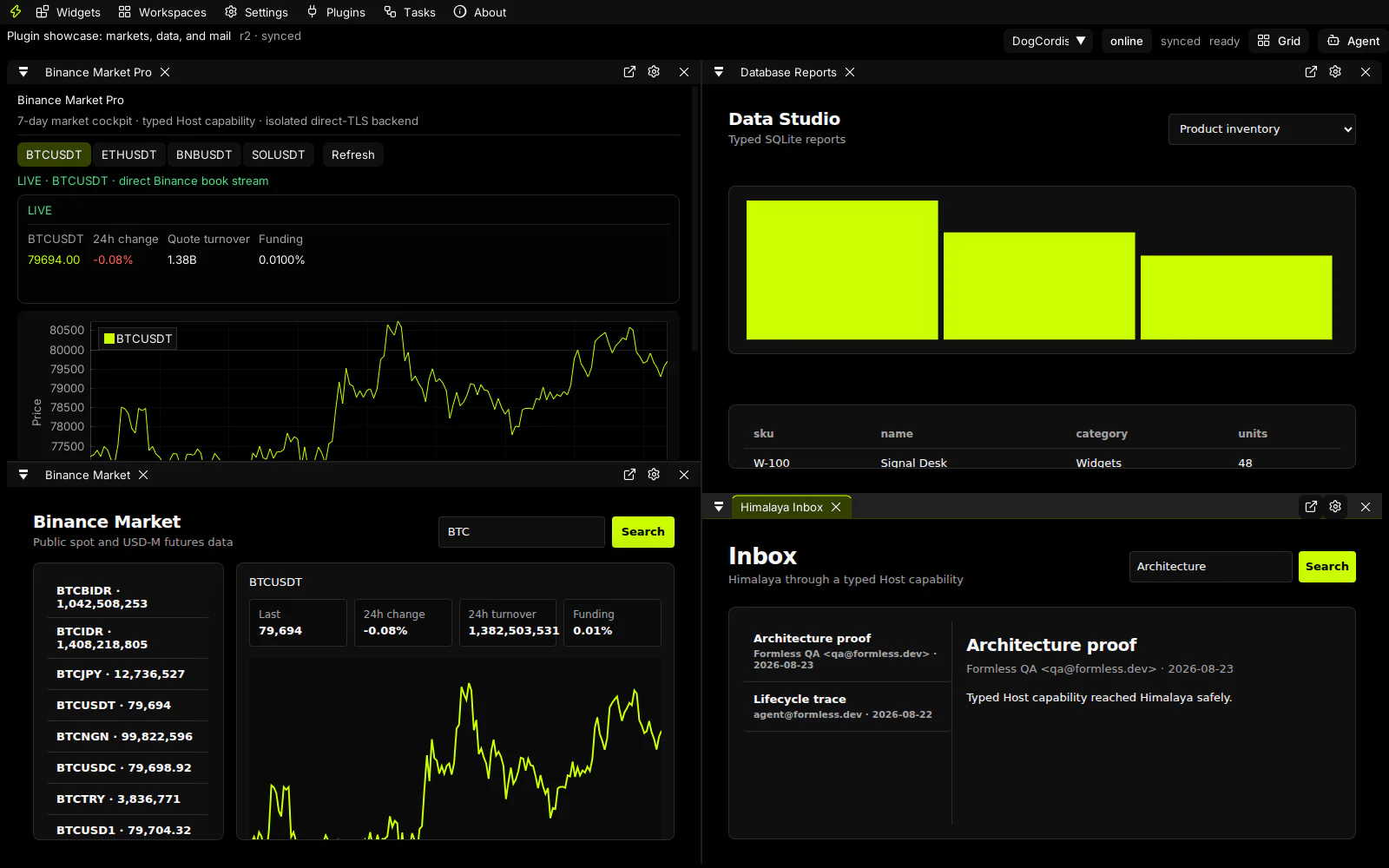 Click desktop workspace with market, report, mail, and terminal panels