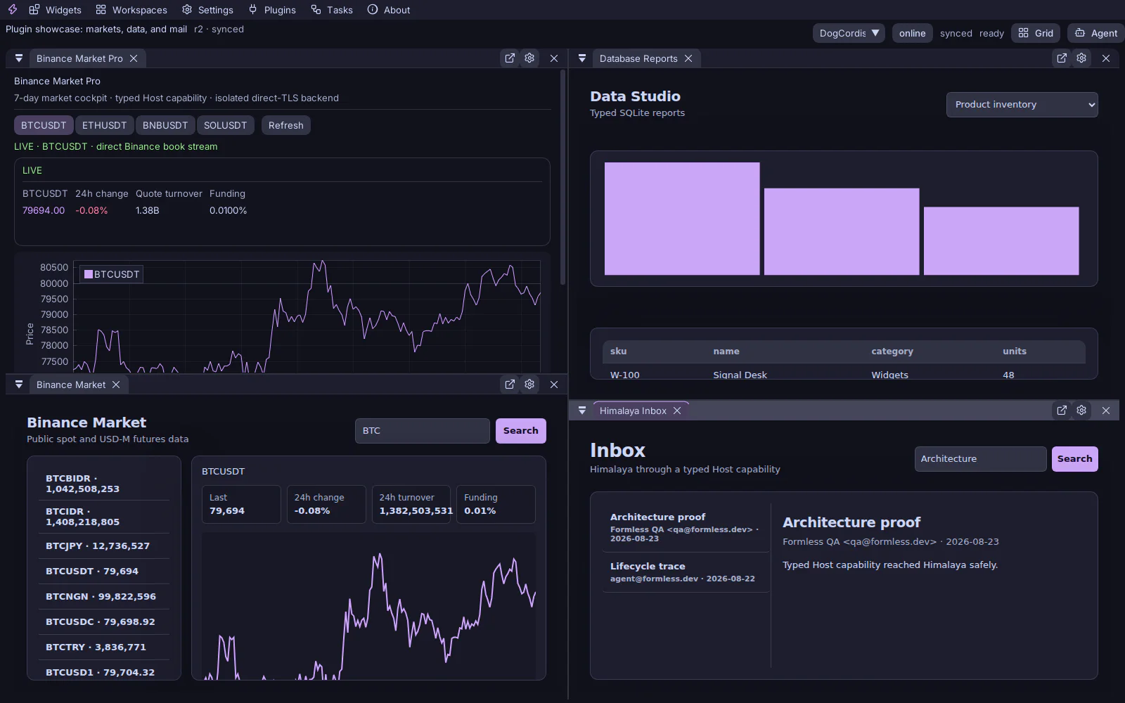 Formless Click multi-panel desktop workspace